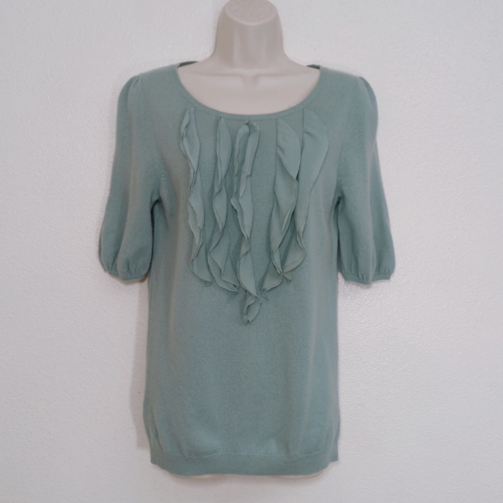 Ann Taylor Short Sleeve Ruffle 100% Cashmere Sweater